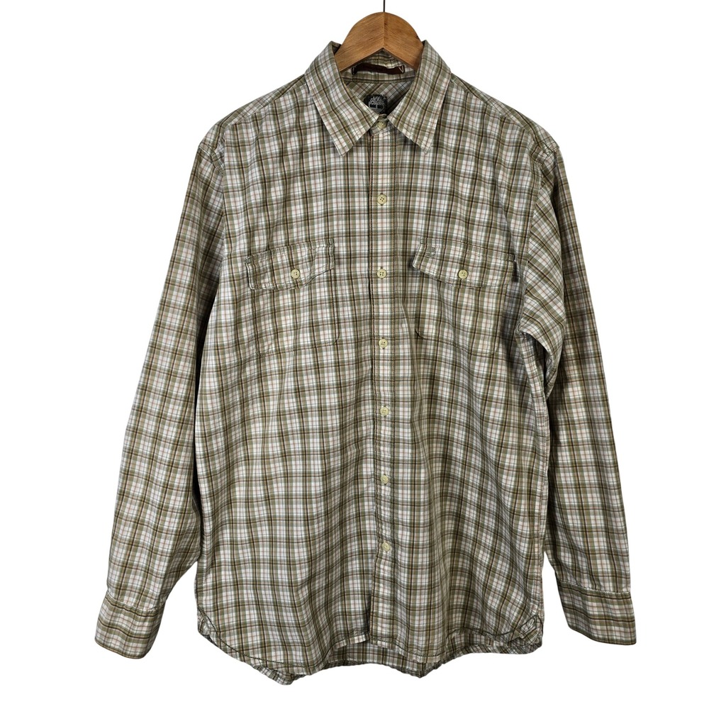 Timberland Mens Plaid‎ Long Sleeve Button Down Shirt M/M Green Brown Cotton